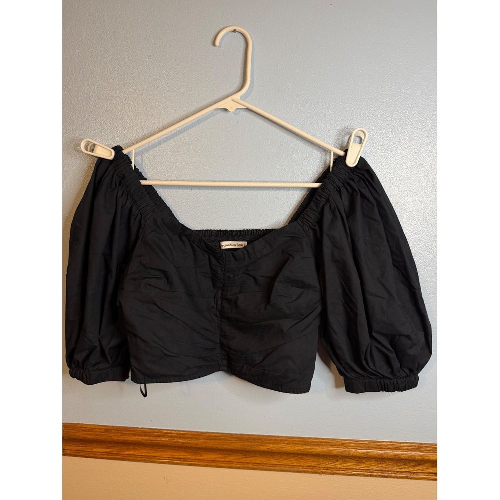 Abercrombie & Fitch Black Puff Sleeve Ruched Smocked Crop Top Small